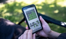 A person sits in their garden playing Wordle.
