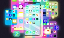 Illustration of iPhone screen with multiple overlays showing different app icons