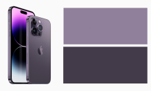 The "deep purple" iPhone 14 Pro and iPhone 14 Pro Max next to two patches of the lightest and darkest colors we can see  in it.