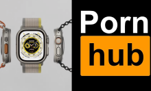 left: apple watch ultra; right: orange pornhub logo on black backdrop