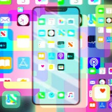 Illustration of iPhone screen with multiple overlays showing different app icons