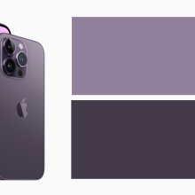 The "deep purple" iPhone 14 Pro and iPhone 14 Pro Max next to two patches of the lightest and darkest colors we can see  in it.