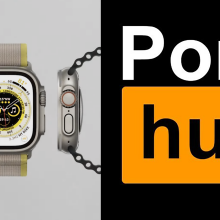left: apple watch ultra; right: orange pornhub logo on black backdrop